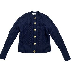 J.Crew Cable Knit Cardigan Sweater Navy Blue Gold Button Lambs Wool Blend XS
